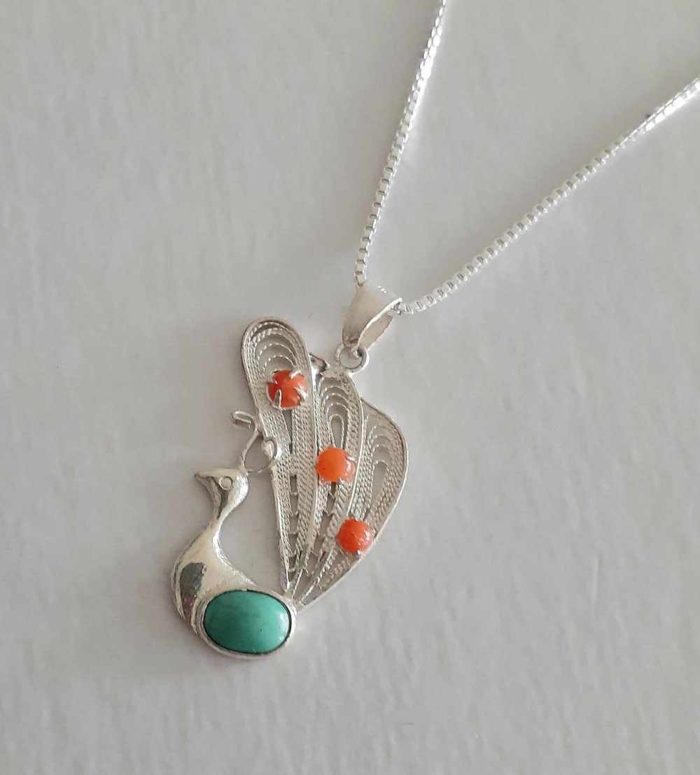 Coral & Turquoise Peacock Pendant on a Silver Box Chain