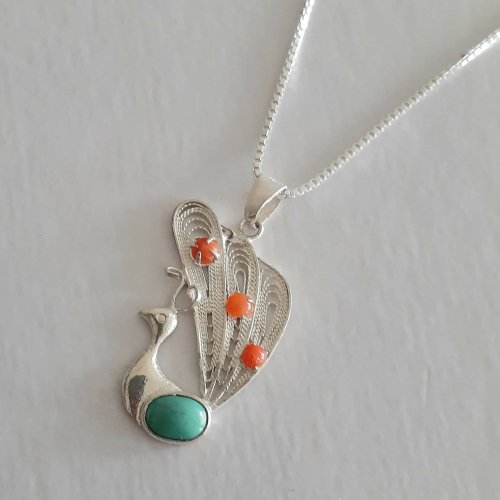 Coral & Turquoise Peacock Pendant on a Silver Box Chain