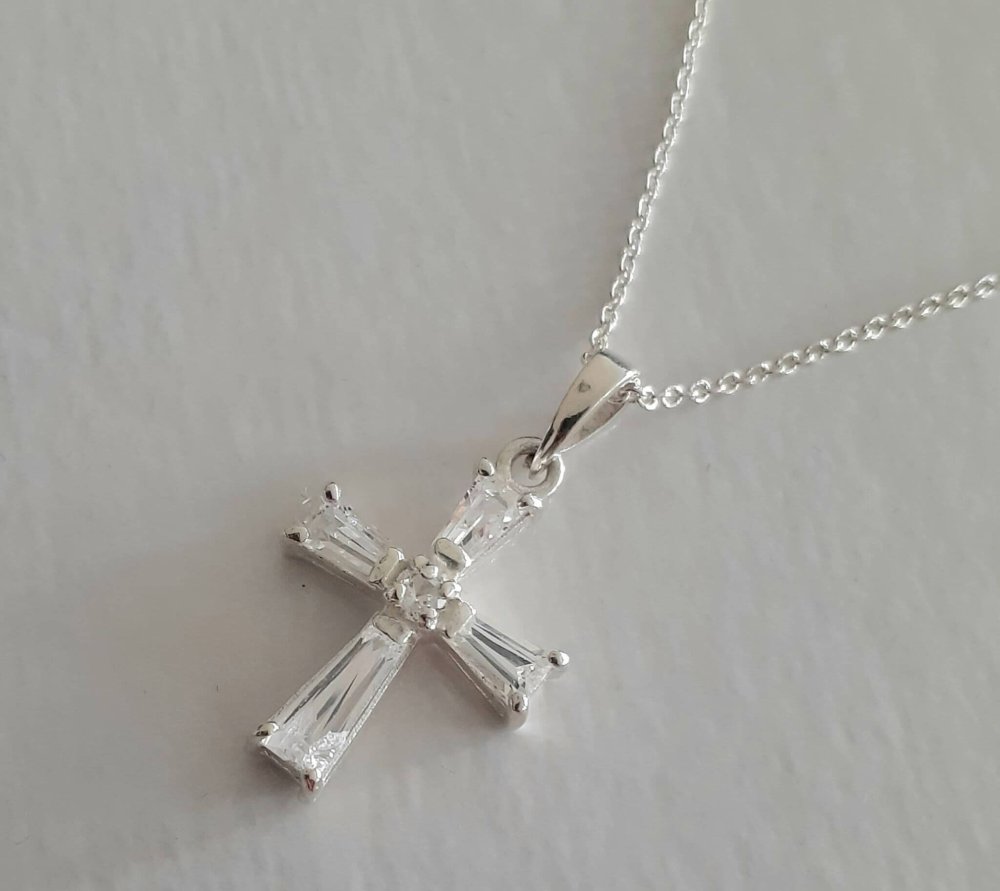 Cubic Zirconia Stone Cross on a Rollo Silver Chain