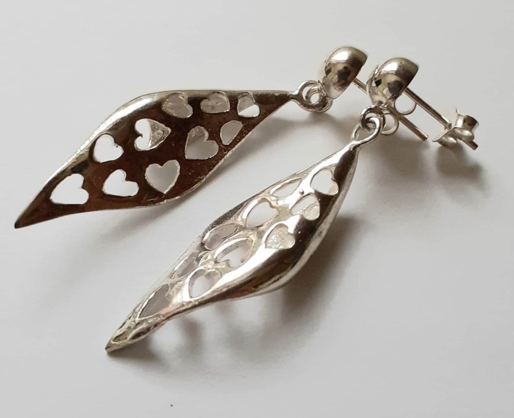 Silver Heart Patterned Earrings - Image 2