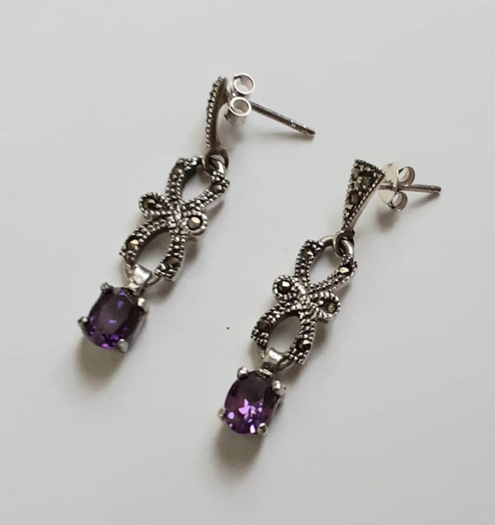 Amethyst Marcasite Silver Earrings - Image 2