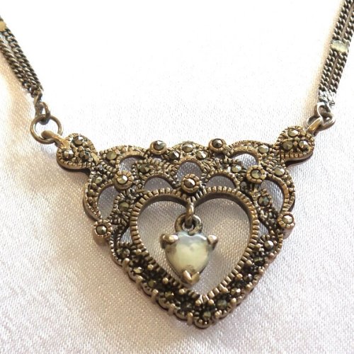 Silver Heart Shaped Marcasite & Pearl Necklace