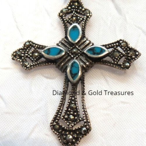 Marcasite & Turquoise Cross in Silver