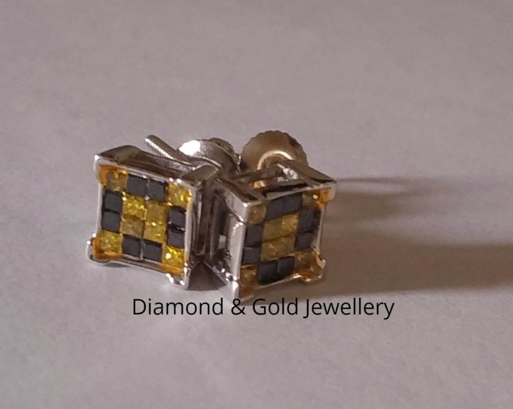 Black Diamond & Canary Diamond Stud Earrings 14k - Image 3