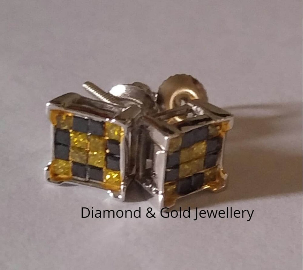Black Diamond & Canary Diamond Stud Earrings 14k - Image 2
