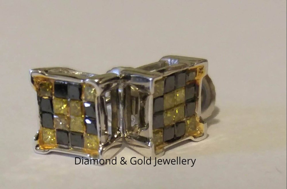 Black Diamond & Canary Diamond Stud Earrings 14k