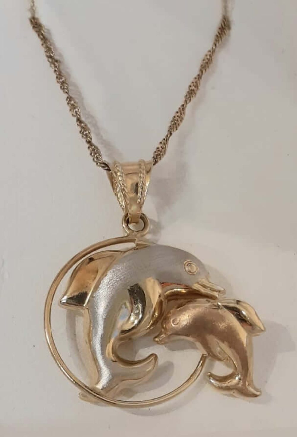 Dolphin Tri Coloured Necklace in 14k