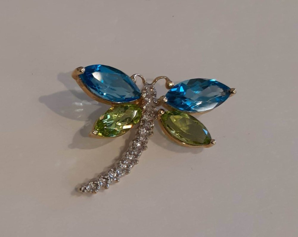 Blue Topaz, Peridot and Diamond Dragonfly Pendant - 10k