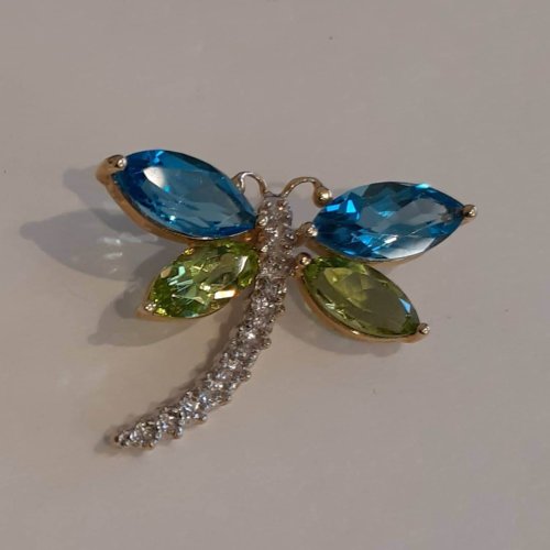 Blue Topaz, Peridot and Diamond Dragonfly Pendant - 10k