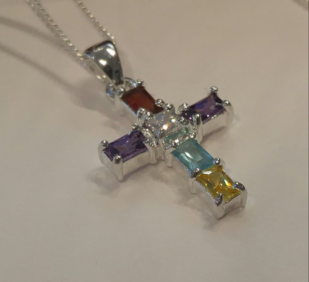 22 inch Rollo Silver Chain with a Multi Coloured Cross