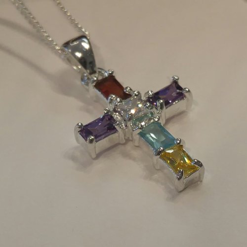22 inch Rollo Silver Chain with a Multi Coloured Cross