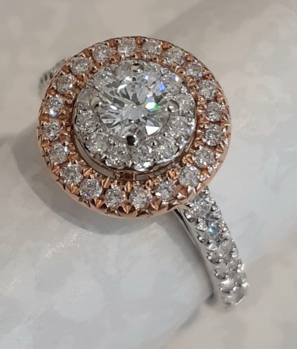 10k White Gold & Rose Gold Halo Diamond Ring